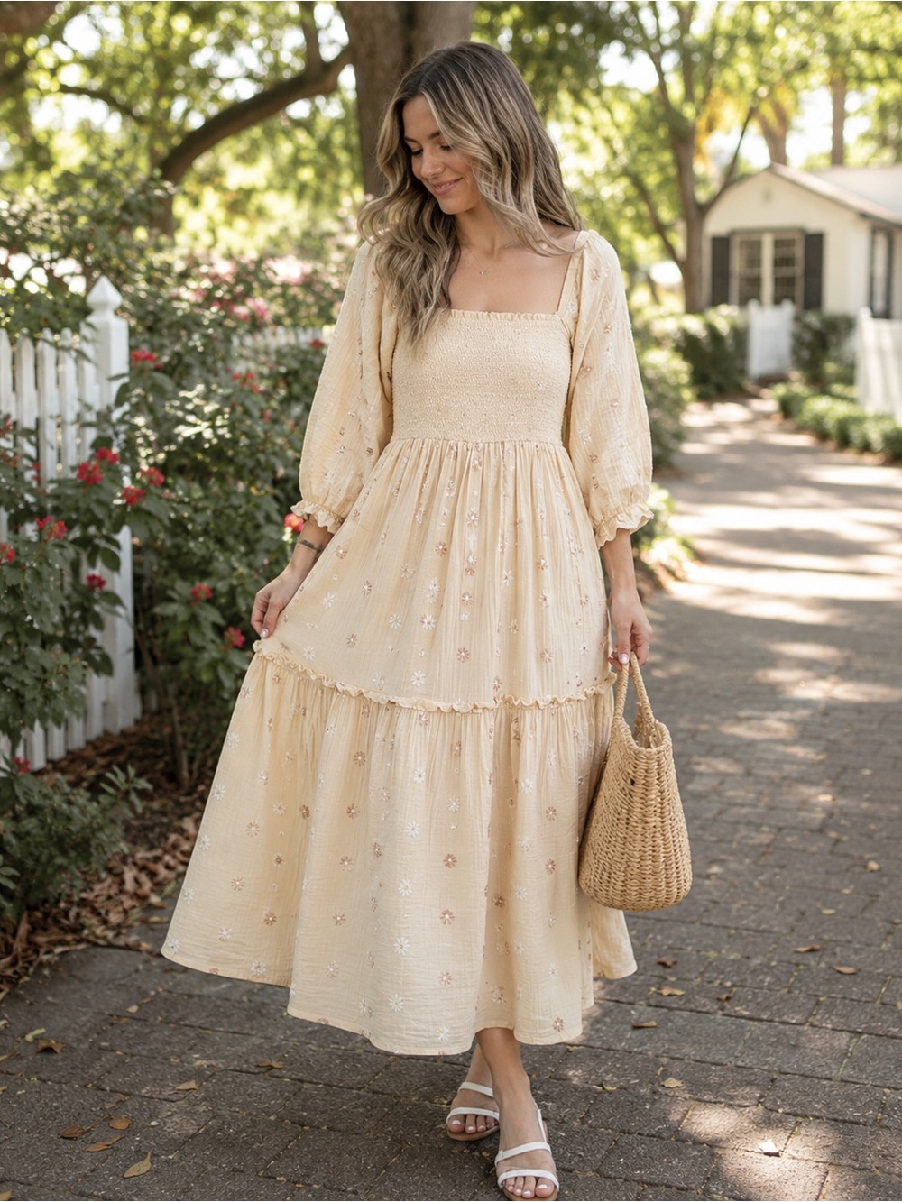 Cream Embroidered Puff-Sleeve Maxi Dress
